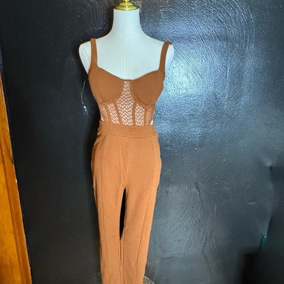 Pants - Chic Brown Jumpsuit with Spaghetti Straps and Wide-Leg Design